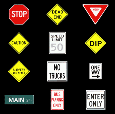 Examples of traffic signs, street signs and other signs