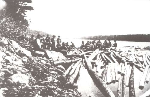 photo oseveral men on logs on a river