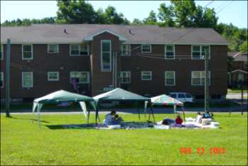 Three tent canopies set up outside a large building