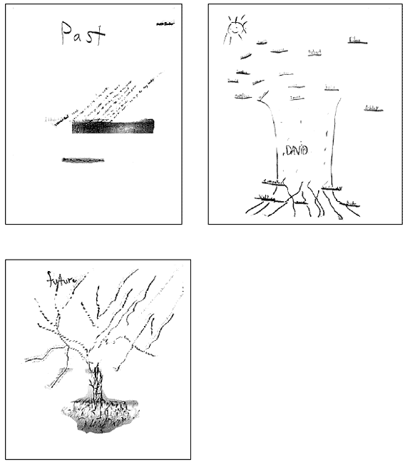 Three hand drawnings displaying David Booker's Past, Present and Future trees