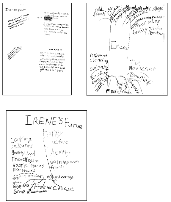 Three hand drawn posters showing the Past, Present and Future trees of Irene Hatos