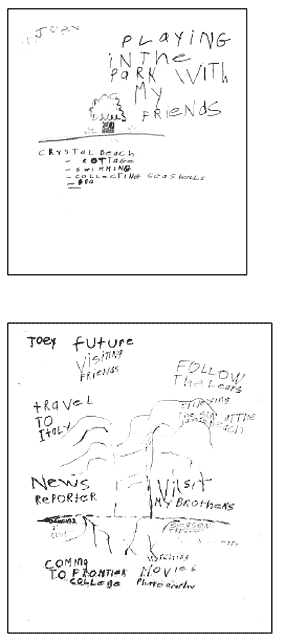 Two hand drawn diagrams of Joey Pappa's Past and Future trees