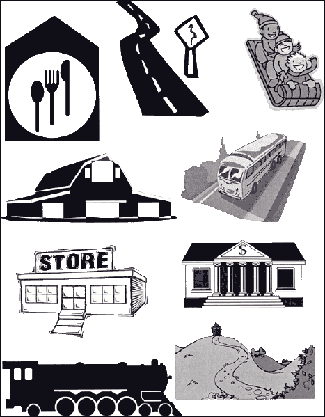 graphic of multiple images 1- dinning sign 2- curve on the road 3- 3 kids slidding 4- A farm 5- a Bus 6- a store 7- a Bank 8- a train 9- a house on a hill