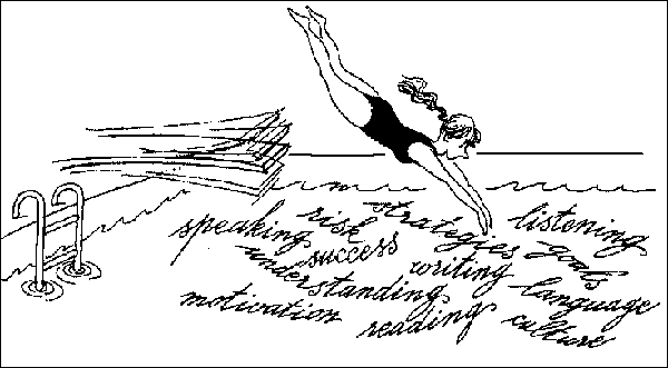 graphic of a women diving in a pool of words