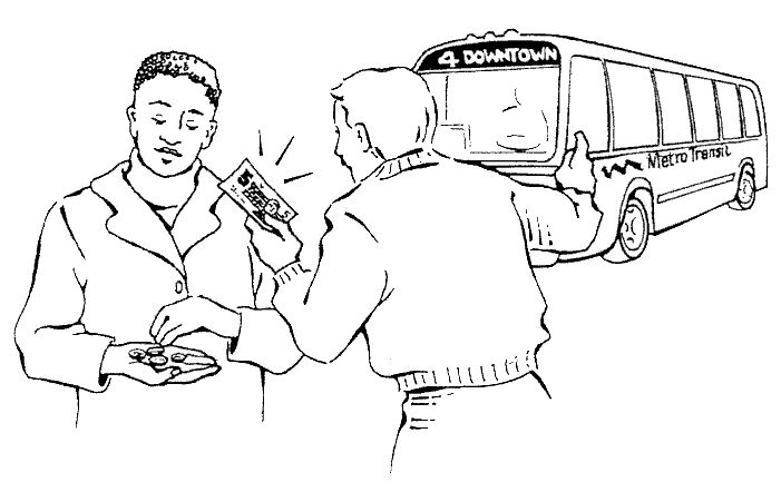 graphic of a person asking for some change to an other person to be able to take the bus