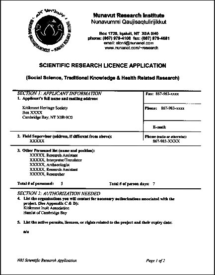 example of a Scientific Research Licence Application form