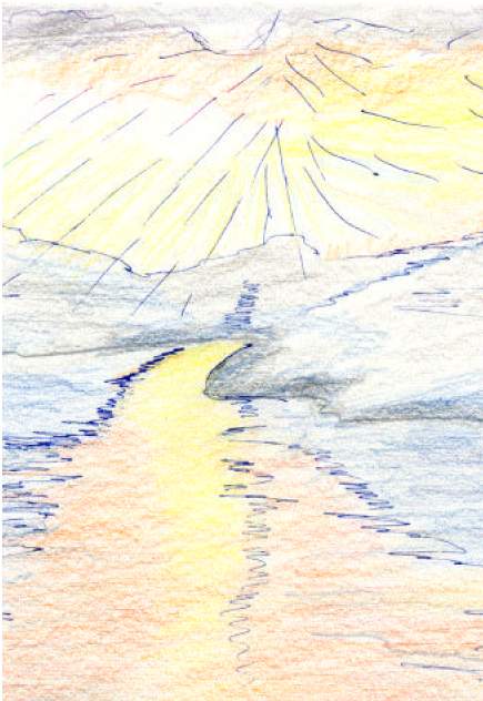 graphic of artwork illustrating a sunset reflection in the water