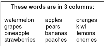 A list of words in 3 columns