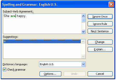 Spelling and Grammar Check popup window