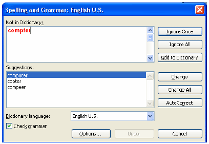 Spelling and Grammar Check popup window