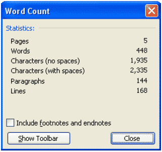 Word Count popup window