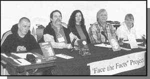 Graphic: a photograph of 5 people sitting at a long table during the "Face the Facts" project