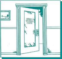 Graphic: a drawing of a hallway and a partially open door with the words "Seniors Resource Centre" on it