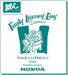 Graphic: a poster for the ABC Canada "Family Literacy Day" on January 27 (founding sponsor: Honda)