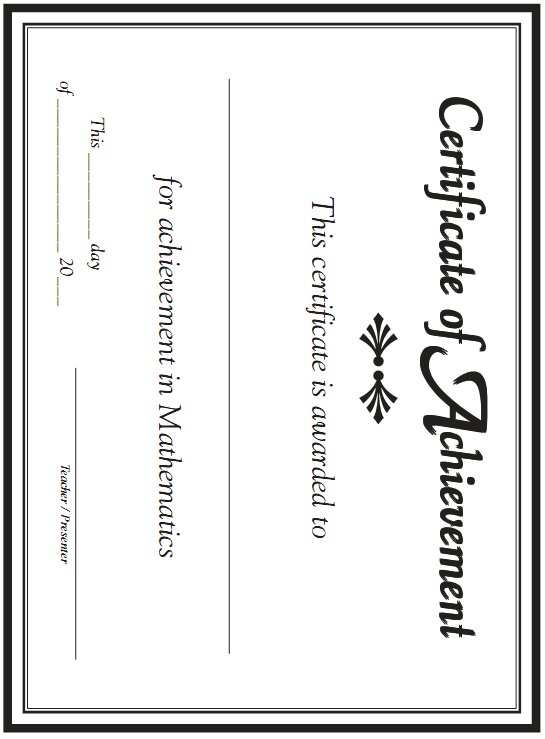 Certificate of Achievement - This certificate is awarded to blank for achievement in Mathematics