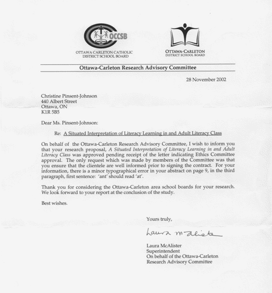 graphic – Ethics Approval Letter from the Ottawa-Carleton School Board for Christie Pinsent-Johnson's research proposal, A Situated Interpretation of literacy Learning in and Adult Literacy Class.