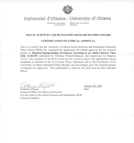 graphic – Certification of ethical approval letter from the University of Ottawa Social Sciences and Humanities Research Ethics Board for Christie Pinsent-Johnson's rearch project of A Situated Interpretation of literacy Learning in and Adult Literacy Class.