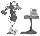 a duck using a hammer on a computer
