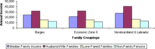 graphic of bar chart comparison of Burgeo's average annual household incomes to the zonal and provincial incomes.  Husband-Wife Families earn the most, followed by Lone Parent Families and then Non-Family Persons.