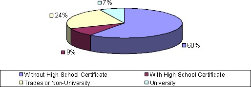 graphic of Burgeo level of education pie chart-Without High School Certificate: 60%, With High School Certificate: 9%, Trades or Non-University: 24%, University: 7%.