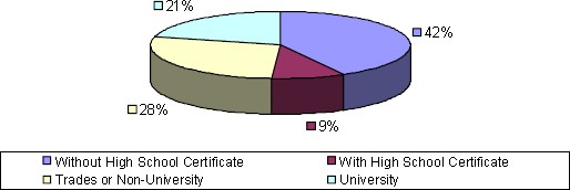 graphic of Newfoundland & Labrador level of education pie chart-Without High School Certificate: 42%, With High School Certificate: 9%, Trades or Non-University: 28%, University: 21%.