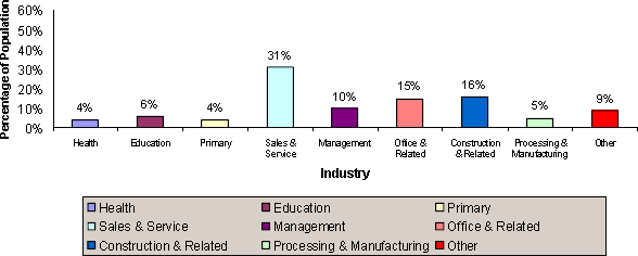 graphic of population employed in Clarenville's main industries bar graph-Health:4%, Education:6%, Primary:4%, Sales & Service:31%, Management:10%, Office & Related:15%, Construction & Related:16%, Processing & Manufacturing:5%, Other:9%.
