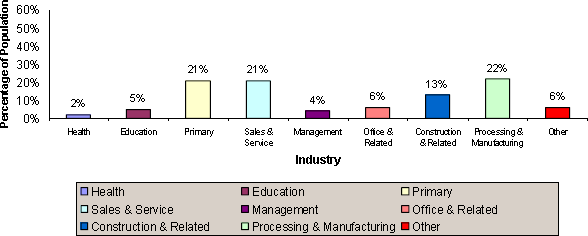 graphic of population employed in Port Hope Simpson's main industries bar graph-Health:2%, Education:5%, Primary:21%, Sales & Service:21%, Management:4%, Office & Related:6%, Construction & Related:13%, Processing & Manufacturing:22%, Other:6%.
