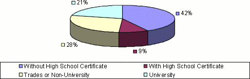 graphic of Newfoundland & Labrador level of education pie chart: Without High School Certificate: 42%, With High School Certificate: 9%, Trades or Non-University: 28%, University: 21%.