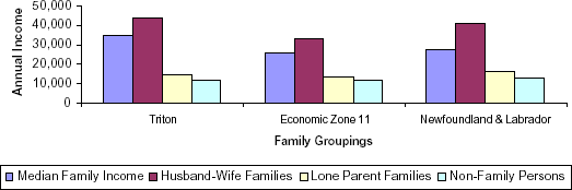 graphic of bar chart comparison of Triton's average annual household incomes to the zonal and provincial incomes. Husband-Wife Families earn the most, followed by Lone Parent Families and then Non-Family Persons.