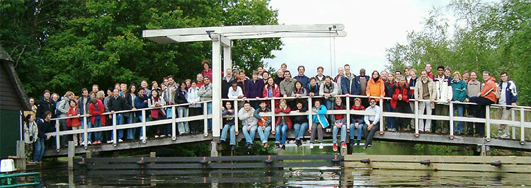 group of people on a bridge