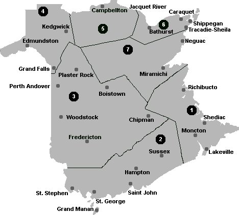 graphic outlining New Brunswick's 7 Regional Health Corporations: Moncton, Saint John, Fredericton, Edmundston, Campellton. Bathurst, Miramichi