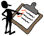 Character pointing to a clipboard