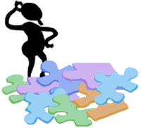 Character looking at puzzle pieces