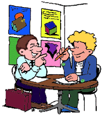 A drawing of 2 men at a table