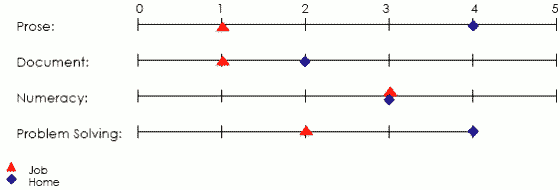 Line graph displaying scores applicable to job and home in prose, document, numeracy and problem solving areas