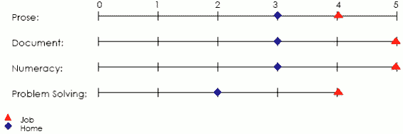 Line graph displaying scores applicable to job and home in prose, document, numeracy and problem solving areas
