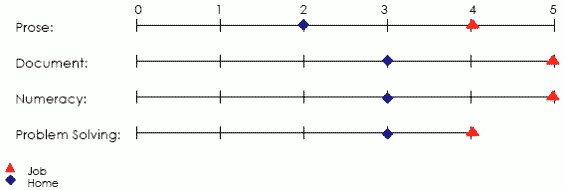 Line graph displaying scores applicable to job and home in prose, document, numeracy and problem solving areas