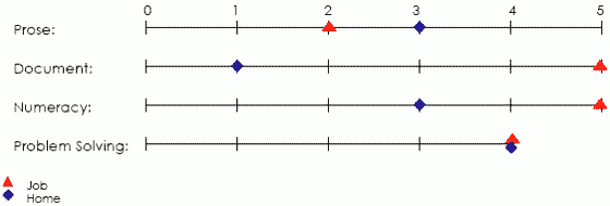 Line graph displaying scores applicable to job and home in prose, document, numeracy and problem solving areas