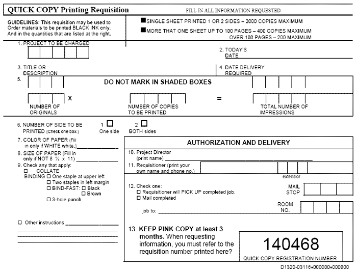 Scan of a Quick Copy printing requisition