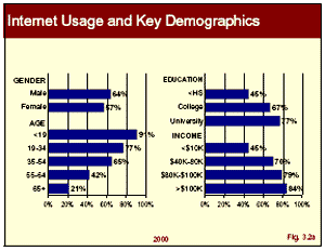 graphic: Figure 3.2a - bar chart showing Internet usuage and key demographics in year 2000 