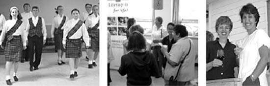 three photos of groups of people