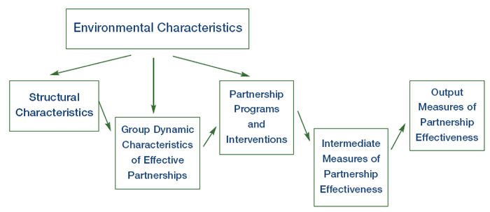 Diagram illustrating framework components in assessing group dynamics of effective partnerships.