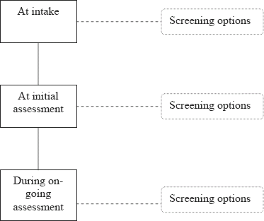 graphic of accessment process: At intake, Screening options, At initial assessment, Screening options, During on-going assessment, Screening options