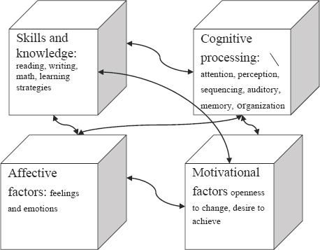 graphic of four Barriers to Learning: 1.Skills and knowledge:reading,writing,math,learning strategies 2.Cognitive processing:attention,perception,sequencing,auditory,memory,organization 3.Affective factors:feelings and emotions 4.Motivational factors:openness to change,desire to achieve