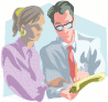 graphic of woman and man looking at a clipboard