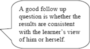 graphic of dialog bubble: A good follow up question is whether the results are consistent with the learner's view of him of herself.