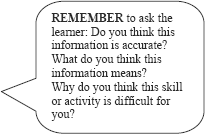 graphic of dialog bubble: REMEMBER to ask the learner: Do you think this is accurate? What do you think this information means? Why do you think this skill or activity is difficult for you?