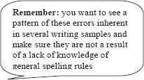 graphic of dialog bubble: Remember: you want to see a pattern of these errors inherent in several writing samples and make sure they are not a result of a lack of knowledge of general spelling rules