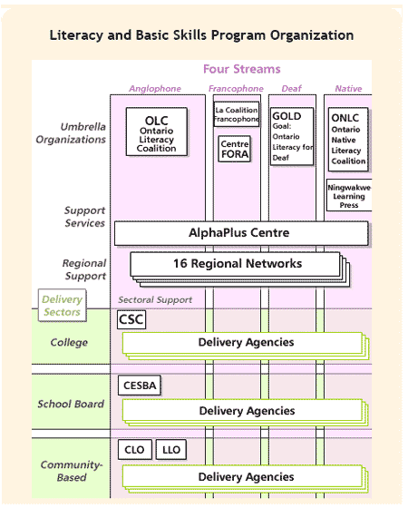Flowchart showing the organization of a Literacy and Basic Skills Program: Umbrella Organizations, Support Services, Regional Support, College, School Board and Community-Based.