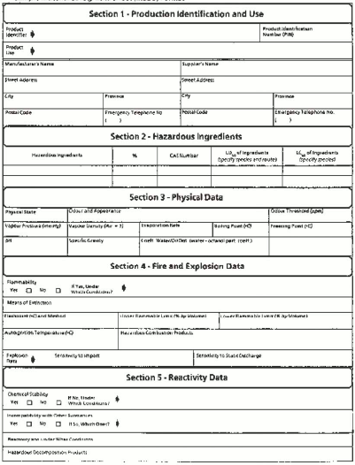 The MSDS contains product identification and use, hazardous ingredients, physical data, fire and explosion data and reactivity data.